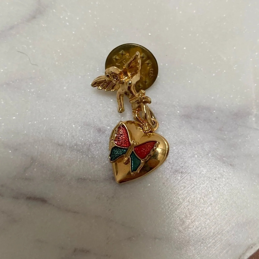 Vintage - Angel Pin with Working Heart Locket Yellow Goldtone